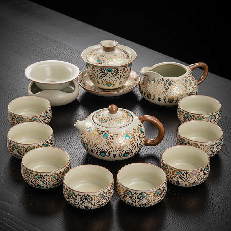 Set de ceai ceramic Ru Kiln, Dunhuang, pentru casă și birou, lux discret, ceainic ceramic cu capac, bol cu capac, tavă pentru ceai uscat și accesorii Kung Fu Tea