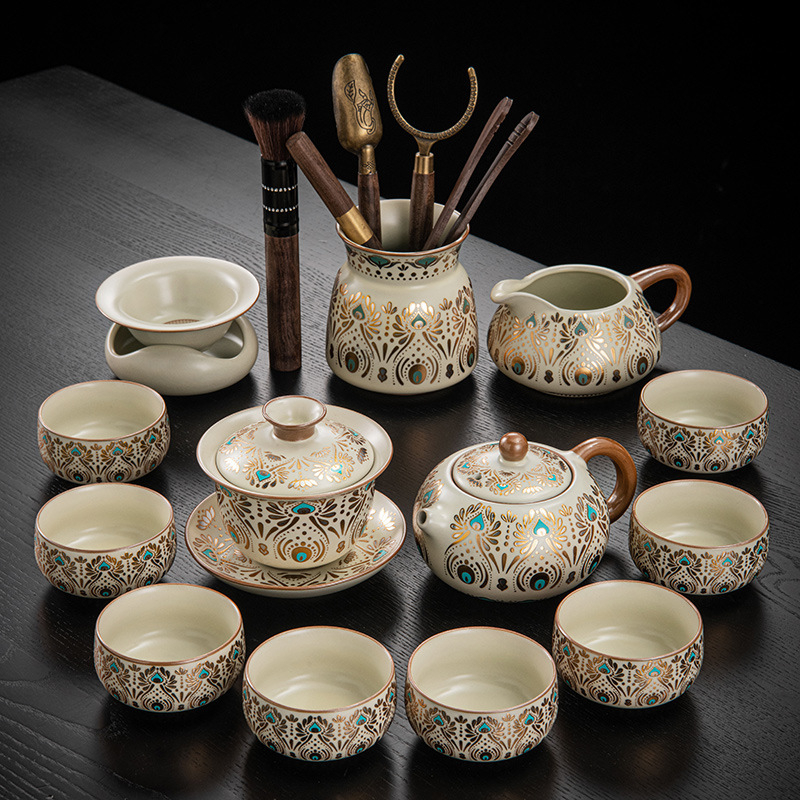 Set de ceai ceramic Ru Kiln, Dunhuang, pentru casă și birou, lux discret, ceainic ceramic cu capac, bol cu capac, tavă pentru ceai uscat și accesorii Kung Fu Tea