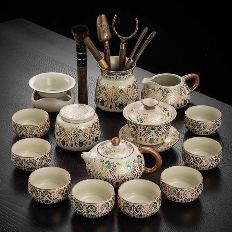 Set de ceai ceramic Ru Kiln, Dunhuang, pentru casă și birou, lux discret, ceainic ceramic cu capac, bol cu capac, tavă pentru ceai uscat și accesorii Kung Fu Tea