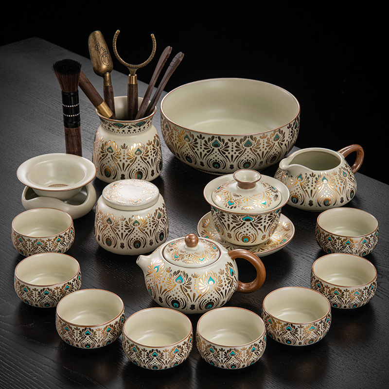 Set de ceai ceramic Ru Kiln, Dunhuang, pentru casă și birou, lux discret, ceainic ceramic cu capac, bol cu capac, tavă pentru ceai uscat și accesorii Kung Fu Tea