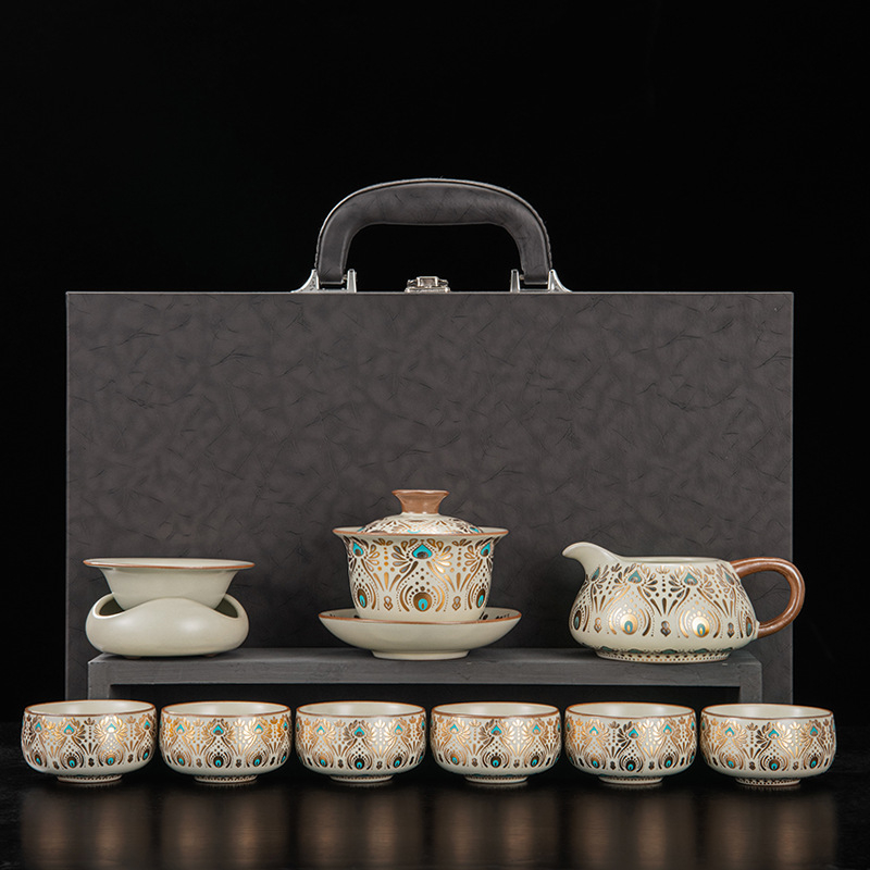 Set de ceai ceramic Ru Kiln, Dunhuang, pentru casă și birou, lux discret, ceainic ceramic cu capac, bol cu capac, tavă pentru ceai uscat și accesorii Kung Fu Tea