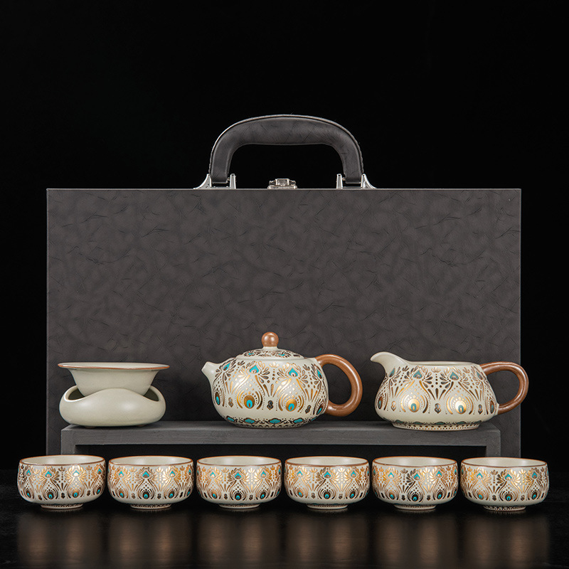 Set de ceai ceramic Ru Kiln, Dunhuang, pentru casă și birou, lux discret, ceainic ceramic cu capac, bol cu capac, tavă pentru ceai uscat și accesorii Kung Fu Tea