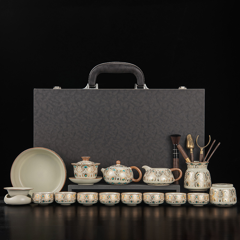 Set de ceai ceramic Ru Kiln, Dunhuang, pentru casă și birou, lux discret, ceainic ceramic cu capac, bol cu capac, tavă pentru ceai uscat și accesorii Kung Fu Tea
