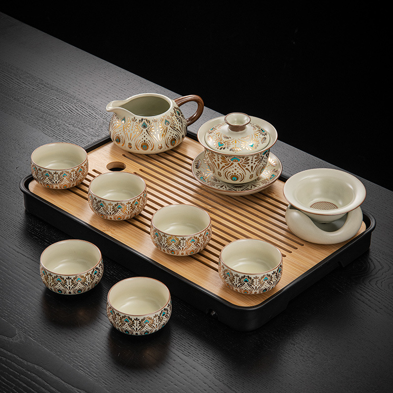 Set de ceai ceramic Ru Kiln, Dunhuang, pentru casă și birou, lux discret, ceainic ceramic cu capac, bol cu capac, tavă pentru ceai uscat și accesorii Kung Fu Tea