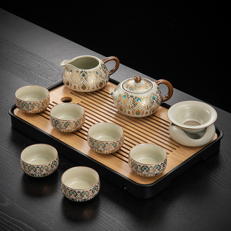 Set de ceai ceramic Ru Kiln, Dunhuang, pentru casă și birou, lux discret, ceainic ceramic cu capac, bol cu capac, tavă pentru ceai uscat și accesorii Kung Fu Tea