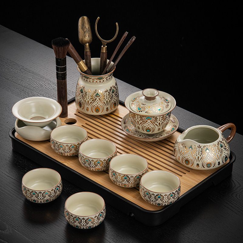 Set de ceai ceramic Ru Kiln, Dunhuang, pentru casă și birou, lux discret, ceainic ceramic cu capac, bol cu capac, tavă pentru ceai uscat și accesorii Kung Fu Tea