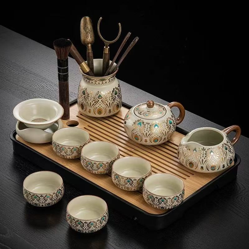 Set de ceai ceramic Ru Kiln, Dunhuang, pentru casă și birou, lux discret, ceainic ceramic cu capac, bol cu capac, tavă pentru ceai uscat și accesorii Kung Fu Tea
