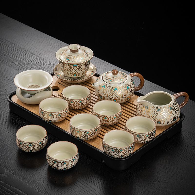 Set de ceai ceramic Ru Kiln, Dunhuang, pentru casă și birou, lux discret, ceainic ceramic cu capac, bol cu capac, tavă pentru ceai uscat și accesorii Kung Fu Tea