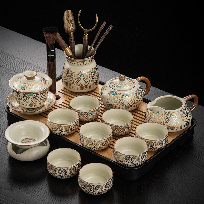 Set de ceai ceramic Ru Kiln, Dunhuang, pentru casă și birou, lux discret, ceainic ceramic cu capac, bol cu capac, tavă pentru ceai uscat și accesorii Kung Fu Tea