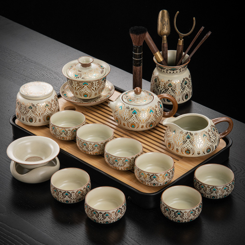 Set de ceai ceramic Ru Kiln, Dunhuang, pentru casă și birou, lux discret, ceainic ceramic cu capac, bol cu capac, tavă pentru ceai uscat și accesorii Kung Fu Tea