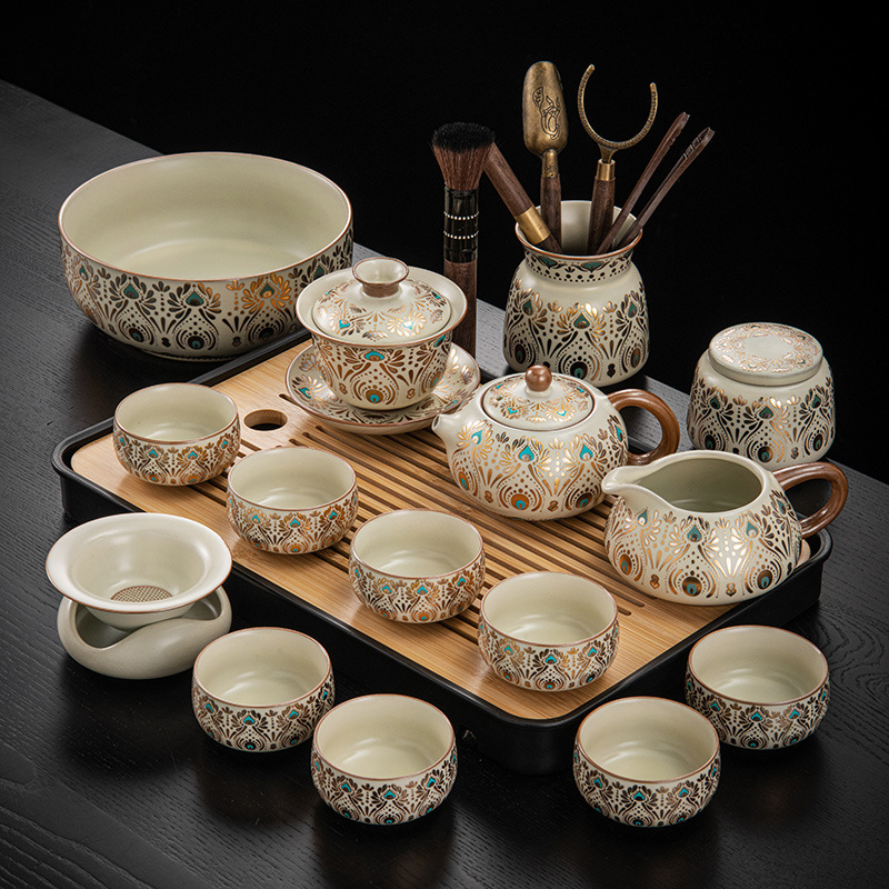 Set de ceai ceramic Ru Kiln, Dunhuang, pentru casă și birou, lux discret, ceainic ceramic cu capac, bol cu capac, tavă pentru ceai uscat și accesorii Kung Fu Tea