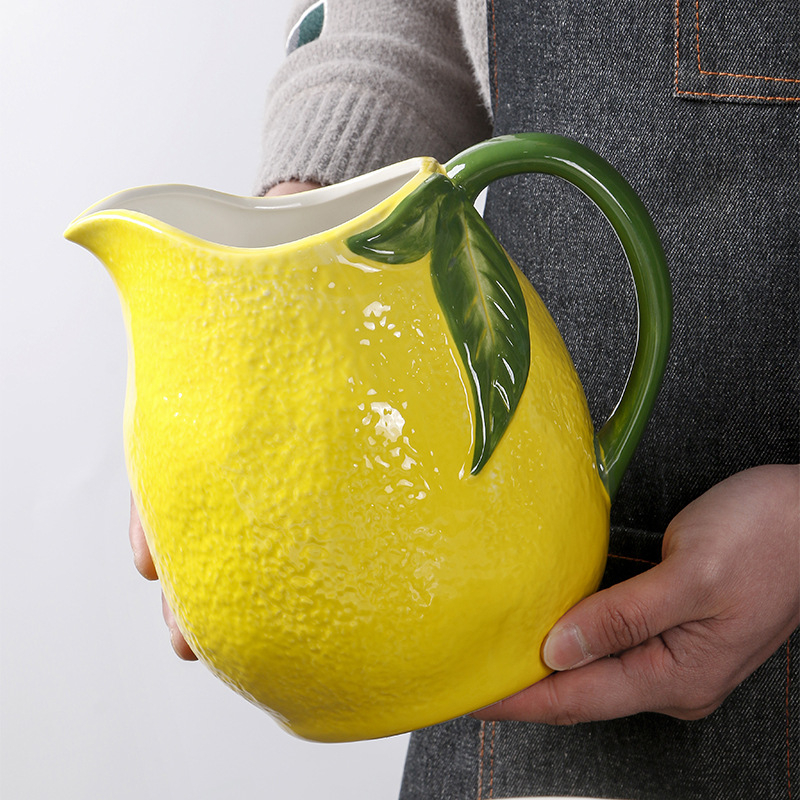 OMK Sticlă de apă ceramică creativă, rezistentă la temperaturi ridicate, relief de lămâie pictat manual, capacitate mare