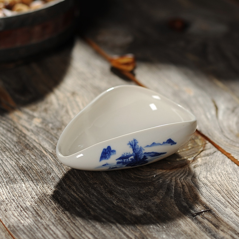 Linguriță de ceai din porțelan albastru-alb pentru ceremonia Gongfu — linguriță din ceramică pentru frunze de ceai, cu siglă