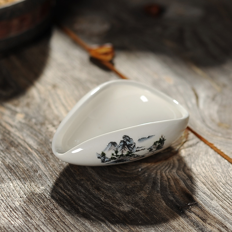 Linguriță de ceai din porțelan albastru-alb pentru ceremonia Gongfu — linguriță din ceramică pentru frunze de ceai, cu siglă