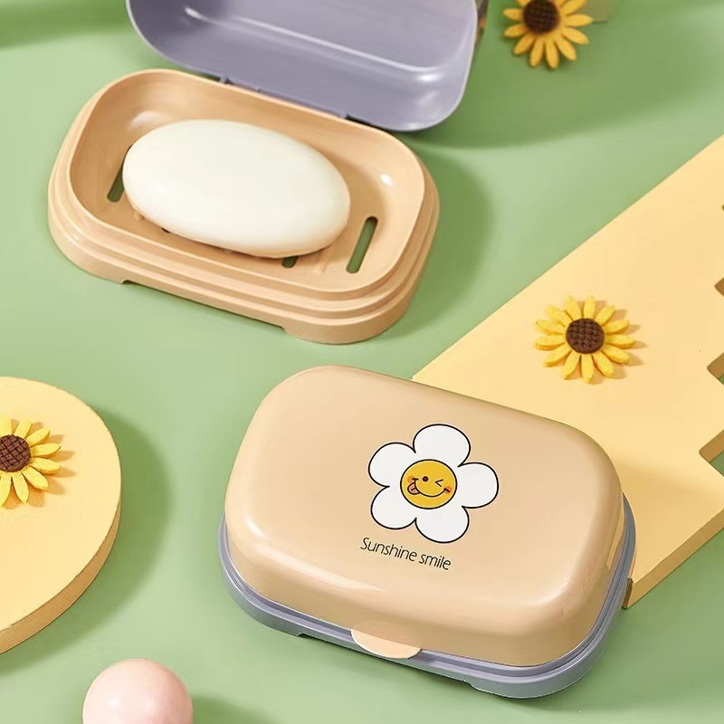 Săpunieră din plastic pentru baie cu capac, imprimare cu floare de soare, drenaj