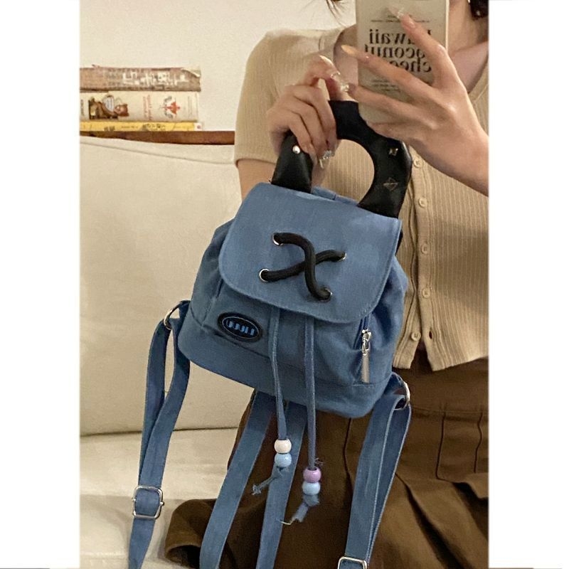 Ženski denim ruksak, 2026 nova moda sveučilišni stil, tote bucket torba s blok bojama