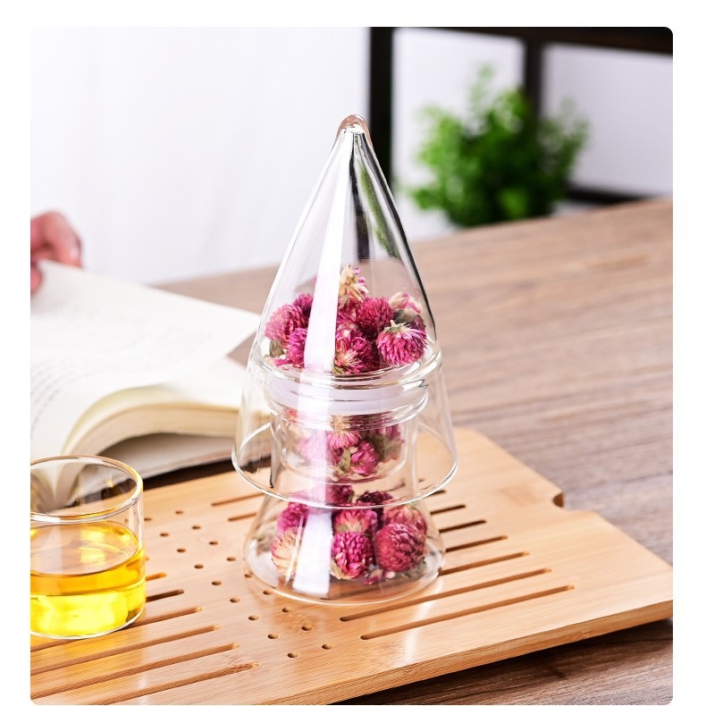 Set ceainic din sticlă borosilicată, cu căni în formă de segmente de bambus, capacitate mare, design chinezesc în stil Song, posibilitatea personalizării logo-ului