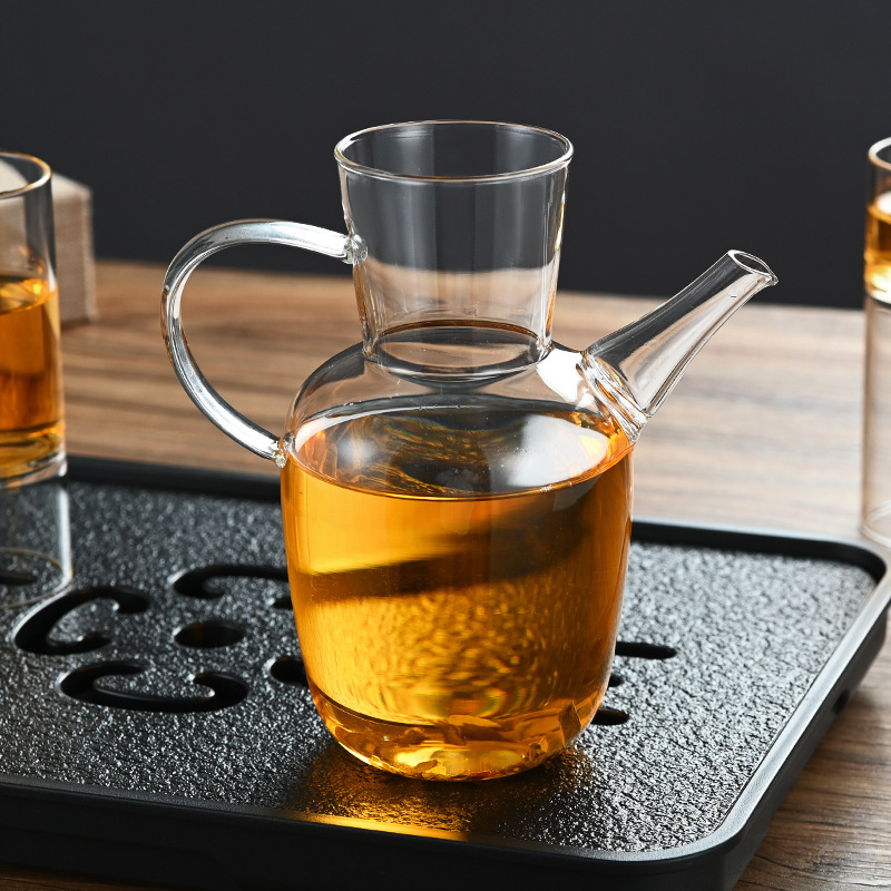Set ceainic din sticlă borosilicată, cu căni în formă de segmente de bambus, capacitate mare, design chinezesc în stil Song, posibilitatea personalizării logo-ului
