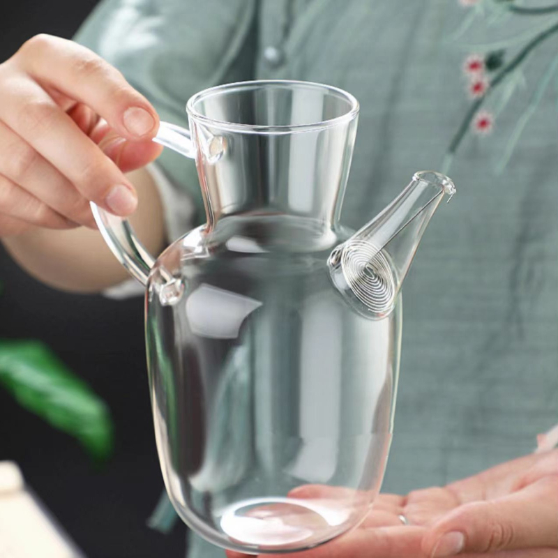 Set ceainic din sticlă borosilicată, cu căni în formă de segmente de bambus, capacitate mare, design chinezesc în stil Song, posibilitatea personalizării logo-ului