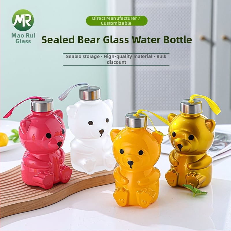 Sklenená fľaša na mliečny čaj s roztomilým medvedíkom; kreatívna malá fľaša na ovocné vína a destiláty