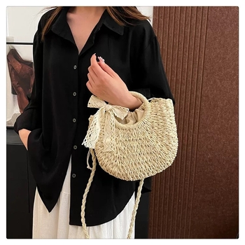 Korejski stil ručno pletena slamnat torbica s čipkastom mašnicom, crossbody, za ljeto i plažu