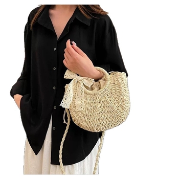 Korejski stil ručno pletena slamnat torbica s čipkastom mašnicom, crossbody, za ljeto i plažu