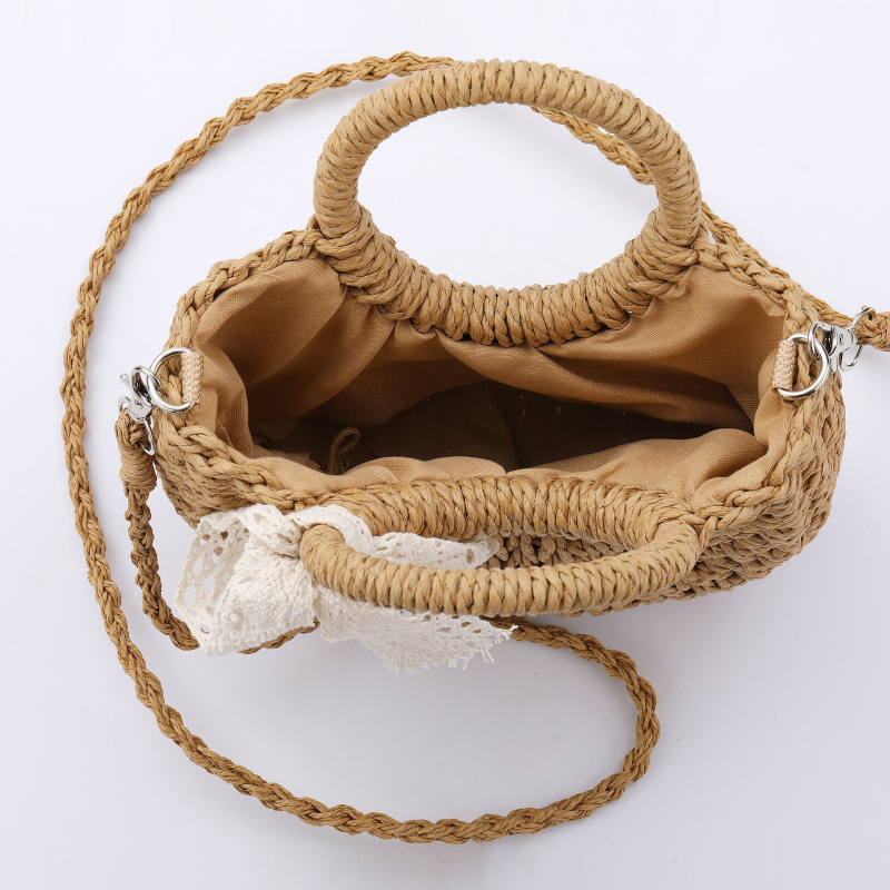 Korejski stil ručno pletena slamnat torbica s čipkastom mašnicom, crossbody, za ljeto i plažu