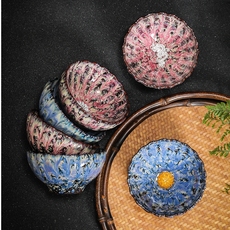 Ceașcă ceramică de ceai cu floare de lotus argintie încrustată, stil Tianmu, de înaltă calitate