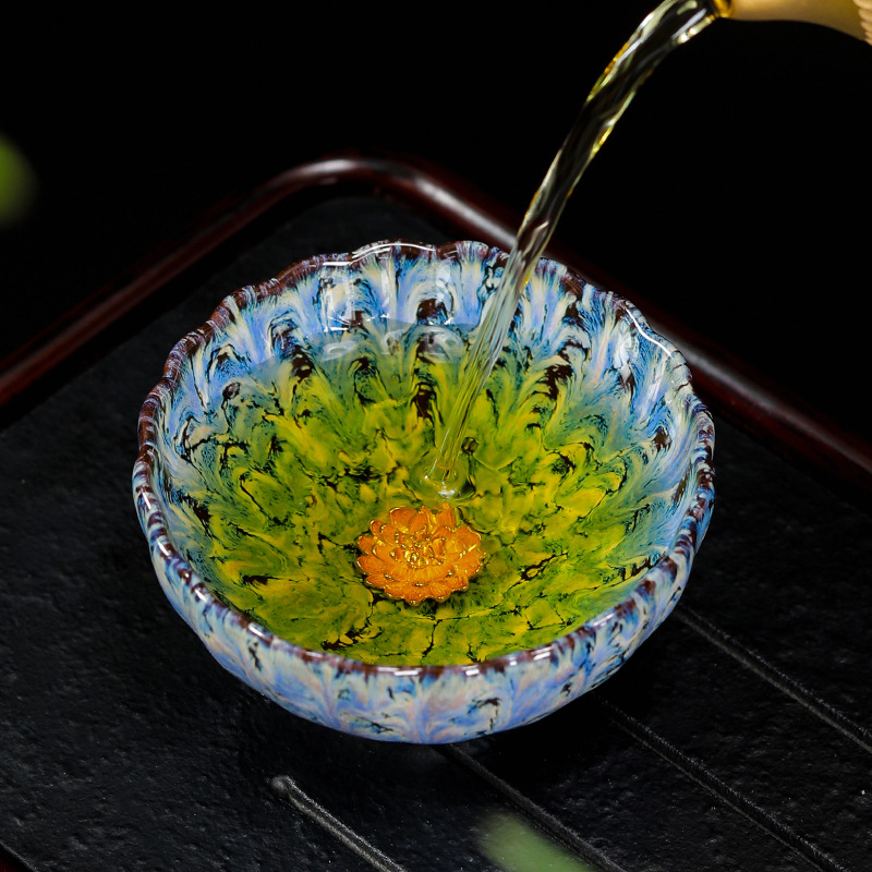 Ceașcă ceramică de ceai cu floare de lotus argintie încrustată, stil Tianmu, de înaltă calitate