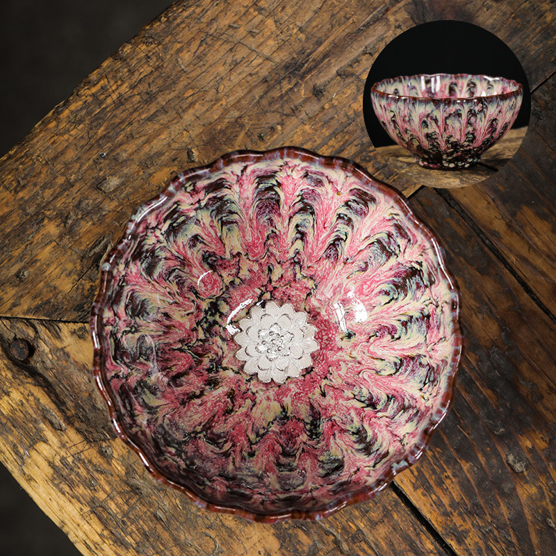 Ceașcă ceramică de ceai cu floare de lotus argintie încrustată, stil Tianmu, de înaltă calitate
