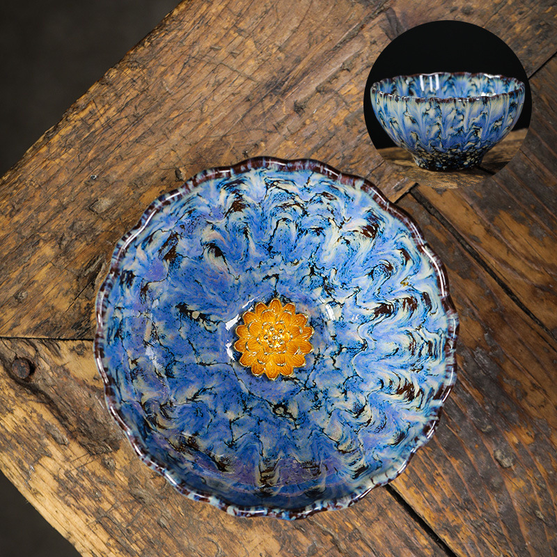 Ceașcă ceramică de ceai cu floare de lotus argintie încrustată, stil Tianmu, de înaltă calitate