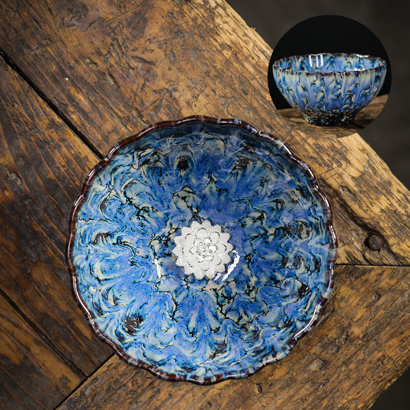 Ceașcă ceramică de ceai cu floare de lotus argintie încrustată, stil Tianmu, de înaltă calitate