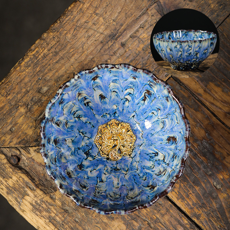 Ceașcă ceramică de ceai cu floare de lotus argintie încrustată, stil Tianmu, de înaltă calitate