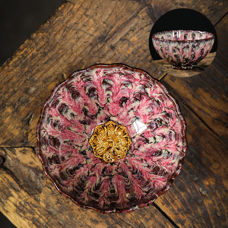Ceașcă ceramică de ceai cu floare de lotus argintie încrustată, stil Tianmu, de înaltă calitate