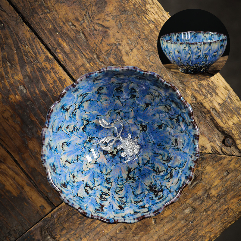 Ceașcă ceramică de ceai cu floare de lotus argintie încrustată, stil Tianmu, de înaltă calitate