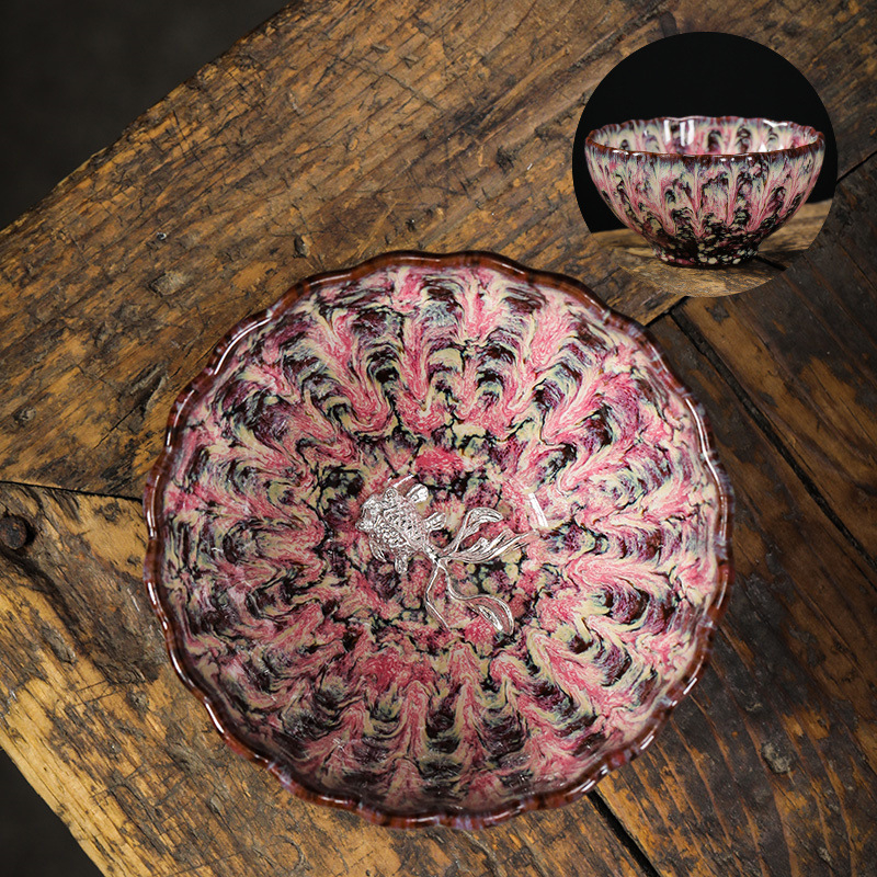 Ceașcă ceramică de ceai cu floare de lotus argintie încrustată, stil Tianmu, de înaltă calitate