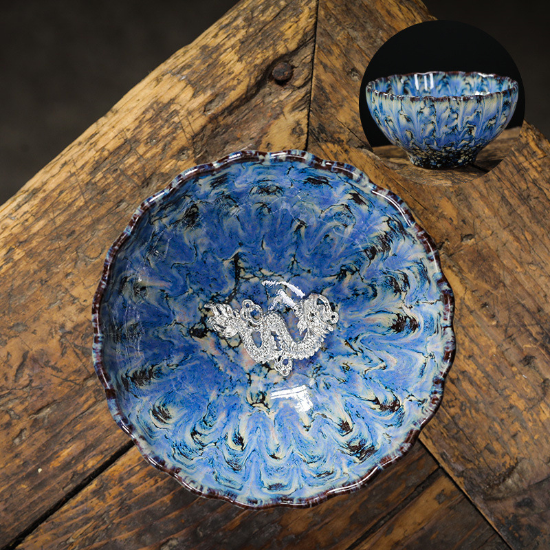 Ceașcă ceramică de ceai cu floare de lotus argintie încrustată, stil Tianmu, de înaltă calitate