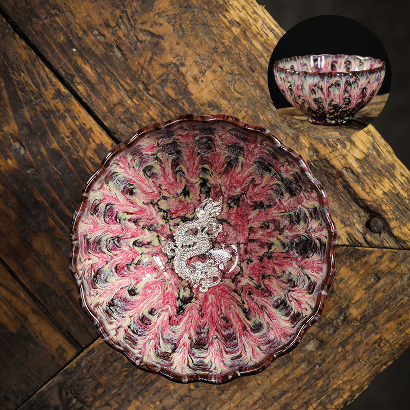 Ceașcă ceramică de ceai cu floare de lotus argintie încrustată, stil Tianmu, de înaltă calitate