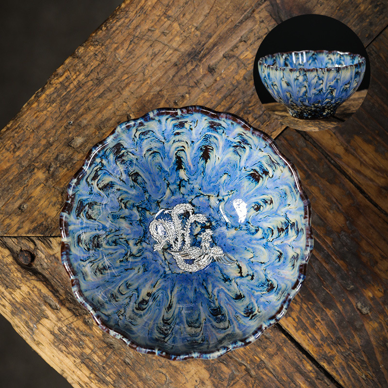 Ceașcă ceramică de ceai cu floare de lotus argintie încrustată, stil Tianmu, de înaltă calitate