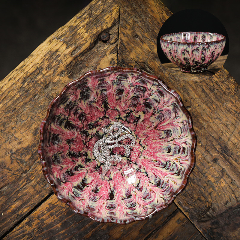Ceașcă ceramică de ceai cu floare de lotus argintie încrustată, stil Tianmu, de înaltă calitate