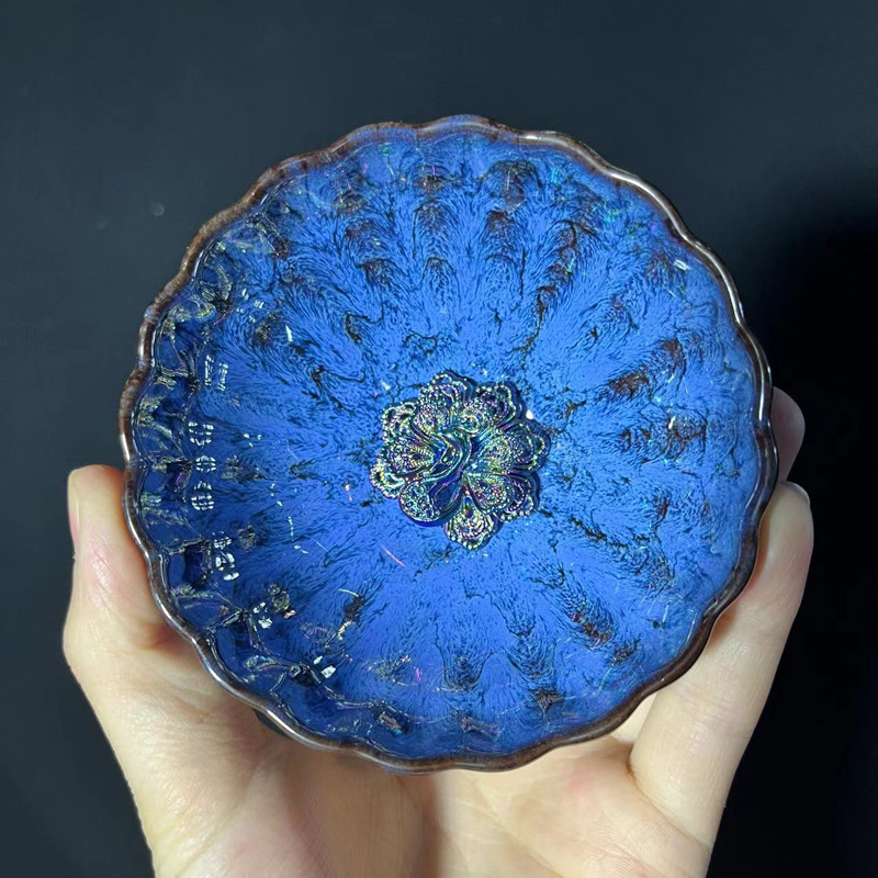 Ceașcă ceramică de ceai cu floare de lotus argintie încrustată, stil Tianmu, de înaltă calitate
