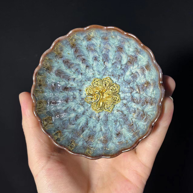 Ceașcă ceramică de ceai cu floare de lotus argintie încrustată, stil Tianmu, de înaltă calitate