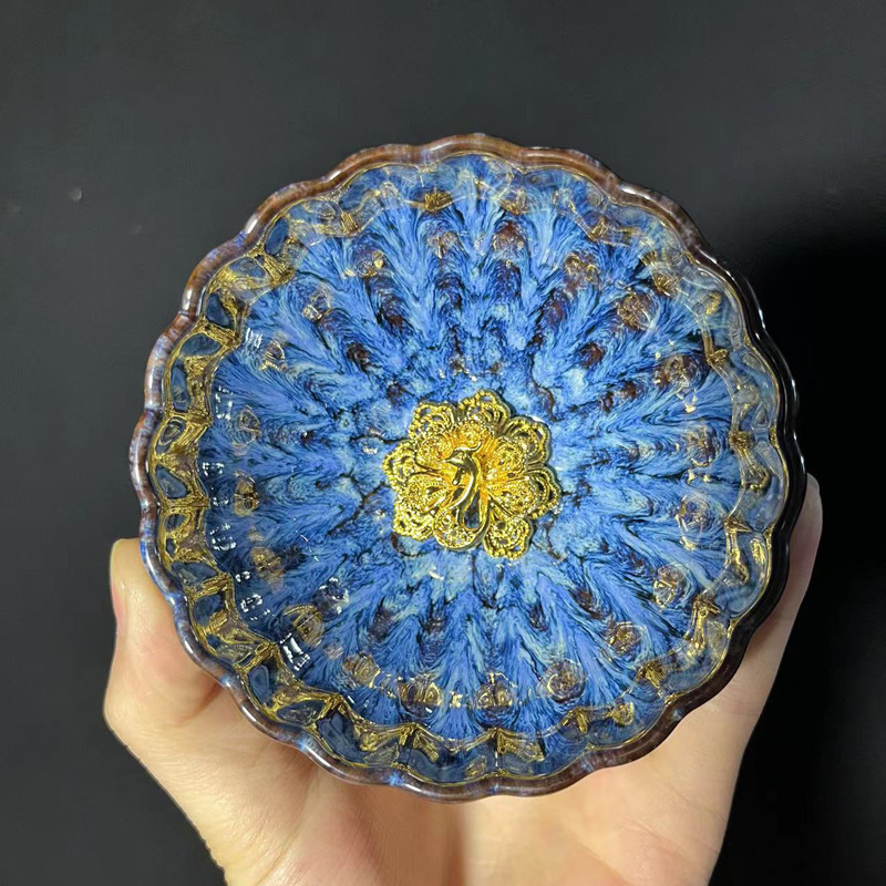 Ceașcă ceramică de ceai cu floare de lotus argintie încrustată, stil Tianmu, de înaltă calitate