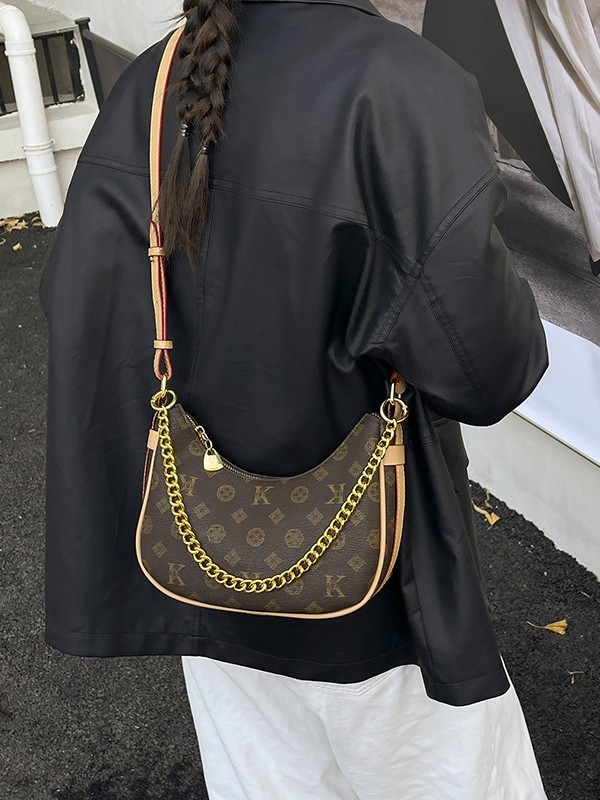 Ženska torba s vintage otiskom, dumpling oblik, model 2025, elegantna crossbody torba s lancem u obliku polumjeseca