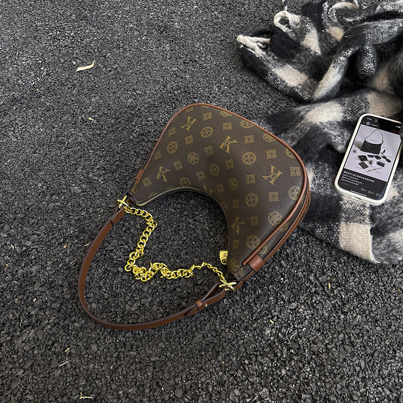 Ženska torba s vintage otiskom, dumpling oblik, model 2025, elegantna crossbody torba s lancem u obliku polumjeseca