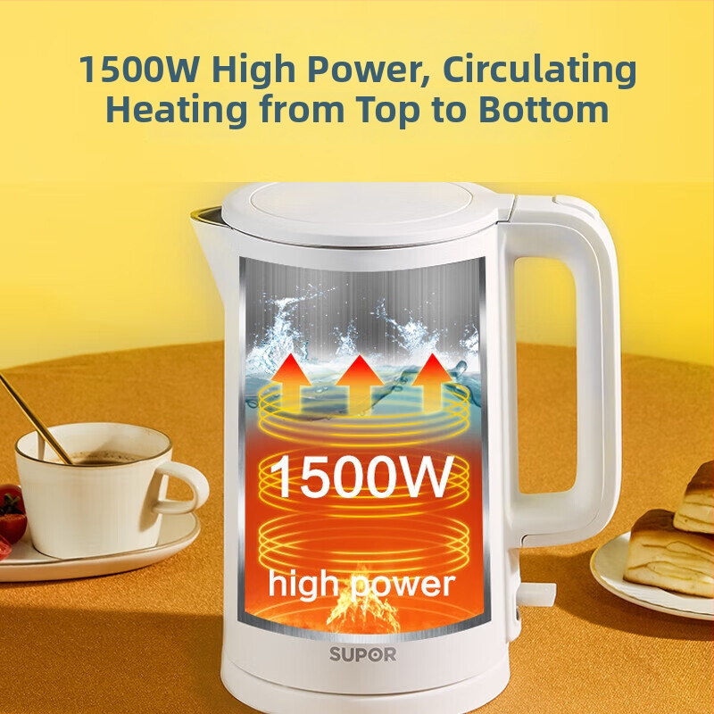 Ceainic electric Supor, 1.5 L, din oțel inoxidabil, corp dublu, portabil, SW-15T715, oprire automată