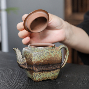 Ceainic și ceșcuță din ceramică, verde mușchi, lucrat manual, stil retro