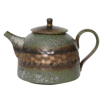Ceainic și ceșcuță din ceramică, verde mușchi, lucrat manual, stil retro