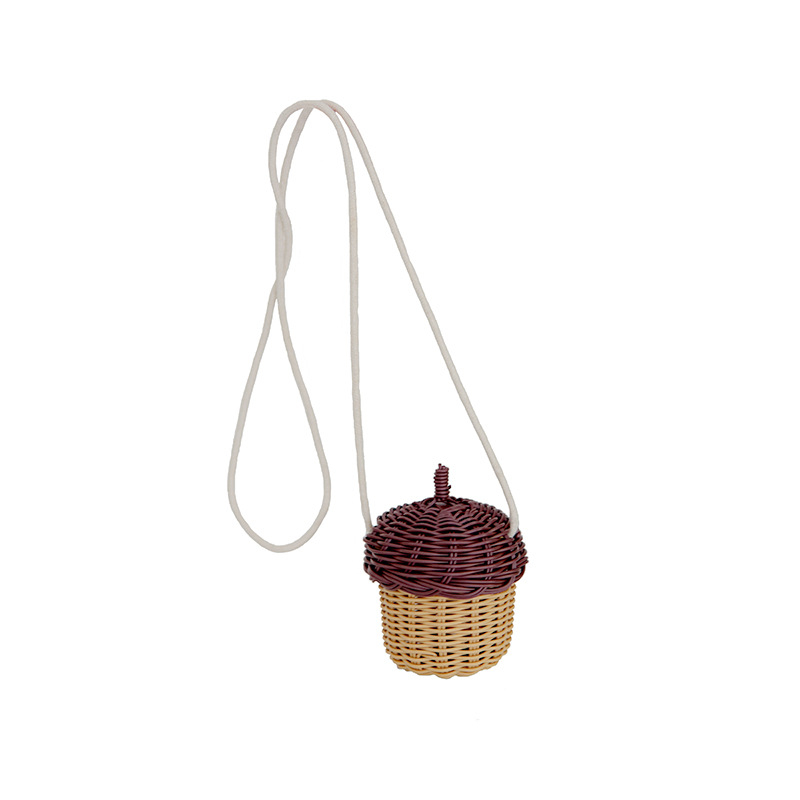 Geantă pentru copii în formă de con de pin, împletită din ratan, lucrată manual, stil chinezesc, curea crossbody, pentru machiaj și depozitare
