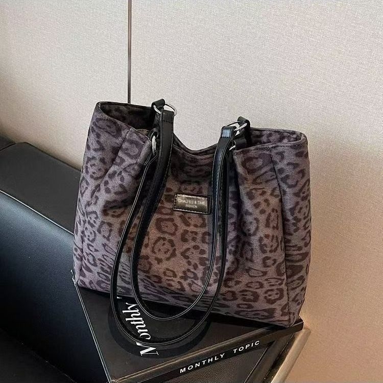 Ženska retro tote torba s leopard uzorkom, velika kapaciteta, dugi remen za svakodnevnu upotrebu, jesen 2025